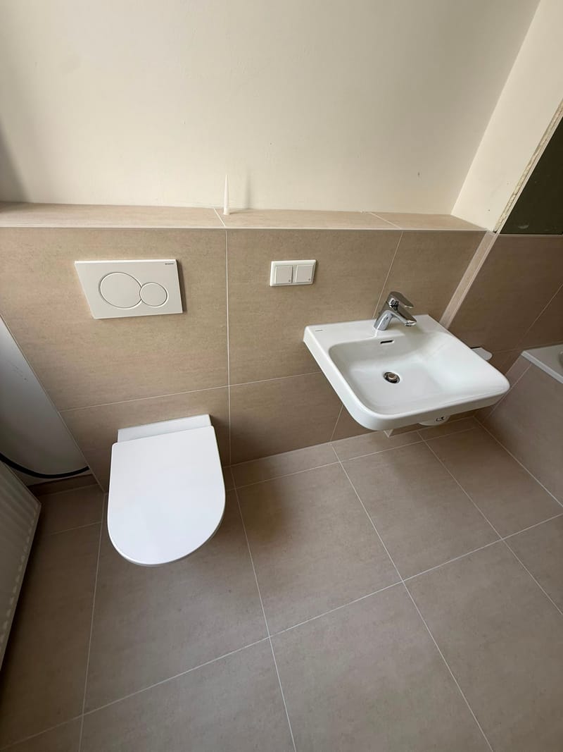 Detail: Geberit-Drückerplatte, Hänge-WC und Waschtisch auf Großformatfliesen
